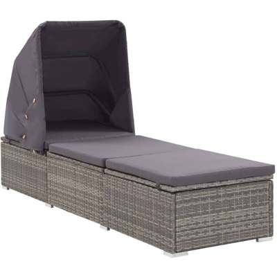Lettino Prendisole con Tettuccio e Cuscino in Polyrattan Grigio - Grigio - Vidaxl