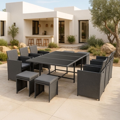 Set Salottino per Uso Esterno Mobili da Giardino/Terrazza Arredo in Polyrattan con Cuscini Set Salvaspazio Composto di Tavolo, Poltrone e Pouf