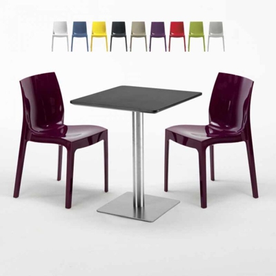 Grand Soleil - Tavolino Quadrato 60x60 cm Base Silver e Top Nero con 2 Sedie Colorate Ice Pistachio | Viola