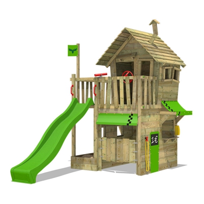 FATMOOSE Parco giochi in legno RebelRacer Giochi da giardino con scivolo mela verde Casetta da gioco per l'arrampicata con sabbiera e scala di