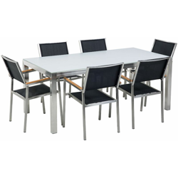 Set tavolo e sedie da giardino - In vetro temperato bianco e fibra tessile nera - tavolo 180 con 6 sedie - GROSSETO precio