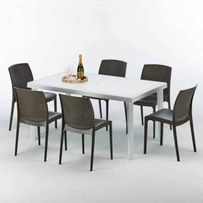 Grand Soleil - Tavolo Rettangolare Bianco 150x90 cm con 6 Sedie Colorate Bohème Summerlife | Marrone