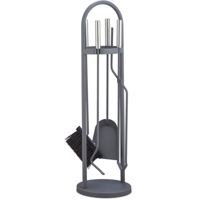 Accessori Moderni da Camino, 5 Pezzi, Paletta, Scopino, Pinza, Attizzatoio e Porta-Attrezzi, Grigio