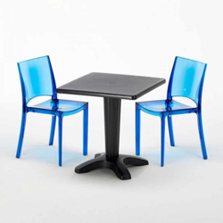 Grand Soleil - Tavolino Quadrato 70x70 cm e 2 Sedie Colorate Trasparenti Caffè | B-Side Blu Trasparente - Nero en oferta