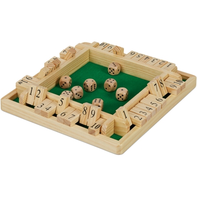 Relaxdays - Shut the Box, da 10 pz., per 2 a 4 Giocatori, Gioco di Società con 8 Dadi, Pieghevole, Legno, verde/naturale