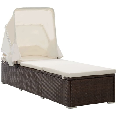 Lettino Prendisole con Tettuccio e Cuscino in Polyrattan Marrone - Marrone - Vidaxl