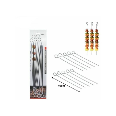 Set 10 Pz Spiedini In Acciaio Per Barbecue Bbq Piastra Cucina Lunghezza 40Cm