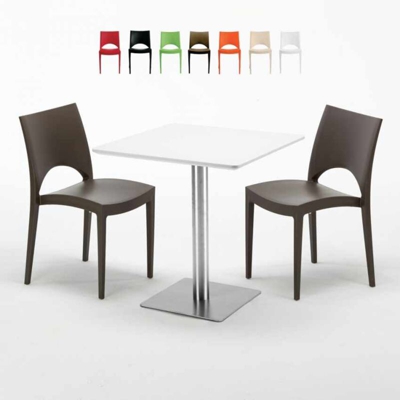 Grand Soleil - Tavolino Quadrato Bianco 70x70 cm con Base in Acciaio e 2 Sedie Colorate Paris Strawberry | Marrone