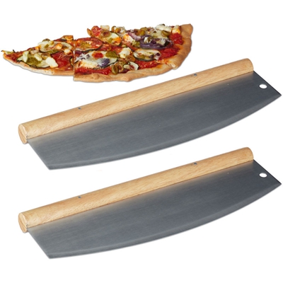Relaxdays - Set 2x Mezzaluna tagliapizza coltello per pizza acciaio inox con manico in legno 1 lama con custodia HxL: 12 x 35 cm, argento