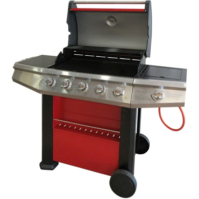 Barbecue gas 4 bruciatori + 1 laterale, colore rosso, cm 156 x 58 x h121 - Dmora