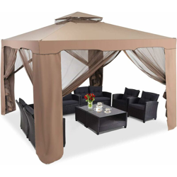 Gazebo da Giardino con Zanzariera 3 x 3 m, Struttura in Acciaio e 4 Tendine Poliestere Laterali, Caffè precio