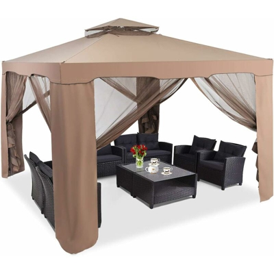 Gazebo da Giardino con Zanzariera 3 x 3 m, Struttura in Acciaio e 4 Tendine Poliestere Laterali, Caffè