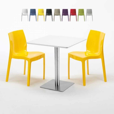 Tavolino Quadrato Bianco 70x70 cm con Base in Acciaio e 2 Sedie Colorate Ice Strawberry | Giallo