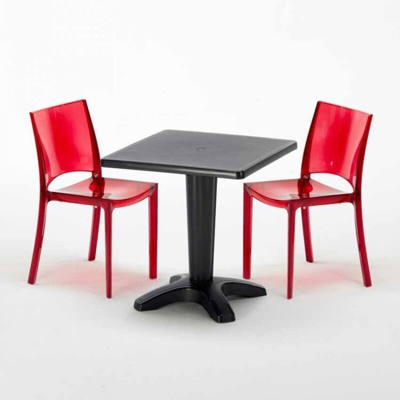 Grand Soleil - Tavolino Quadrato 70x70 cm e 2 Sedie Colorate Trasparenti Caffè | B-Side Rossa Trasparente - Nero