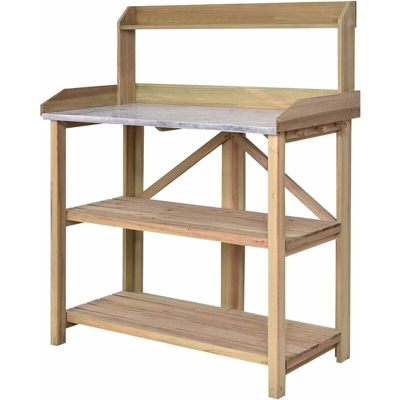 Tavolo da Lavoro per Giardinaggio in Legno di Abete, Scaffalatura con 3 Ripiani e 3 Ganci, Ideale per Giardino, Balcone e Terrazzo, 100 x 49 x 121 cm