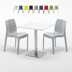 Grand Soleil - Tavolino Quadrato Bianco 70x70 cm con Base in Acciaio e 2 Sedie Colorate Ice Strawberry | Grigio precio