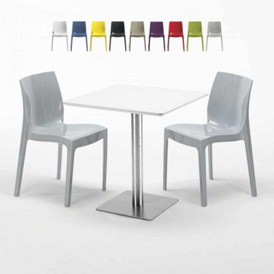 Grand Soleil - Tavolino Quadrato Bianco 70x70 cm con Base in Acciaio e 2 Sedie Colorate Ice Strawberry | Grigio