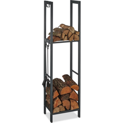 Relaxdays - Scaffale Porta-Legna con 2 Ripiani, 4 Ganci per gli Accessori da Camino, Acciaio, Antracite, 150 x 40 x 30 cm características