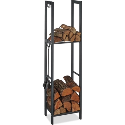 Relaxdays - Scaffale Porta-Legna con 2 Ripiani, 4 Ganci per gli Accessori da Camino, Acciaio, Antracite, 150 x 40 x 30 cm