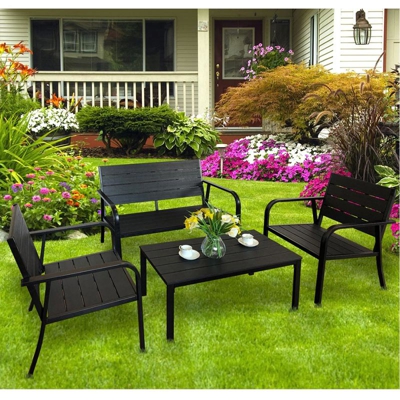 Set Salotto Arredo Giardino Completo Divano Poltrone e Tavolino Metallo ABS Nero