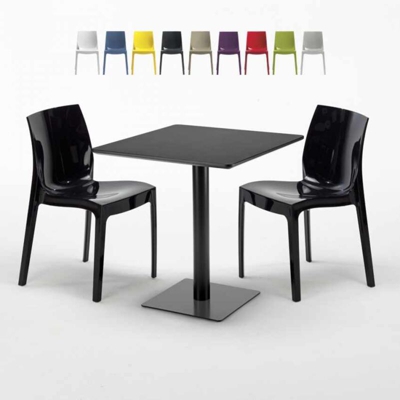Tavolino Quadrato Nero 70x70 cm con 2 Sedie Colorate Ice Kiwi | Nero