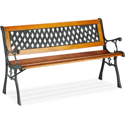 Relaxdays - Panca da Giardino, 2 posti, Schienale Decorativo, Ghisa, Listelli in Legno,HxLxP 73 x 125 x 52 cm, Color Legno precio