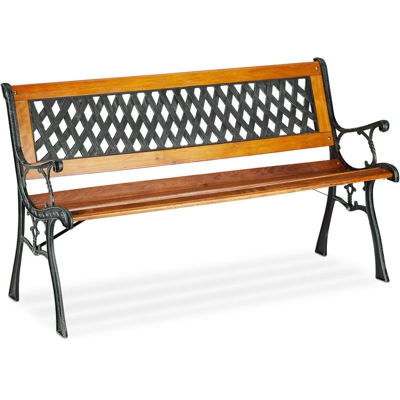 Relaxdays - Panca da Giardino, 2 posti, Schienale Decorativo, Ghisa, Listelli in Legno,HxLxP 73 x 125 x 52 cm, Color Legno