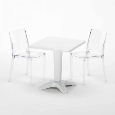 Grand Soleil - Tavolino Quadrato 70x70 cm e 2 Sedie Colorate Trasparenti Caffè | B-Side Trasparente - Bianco