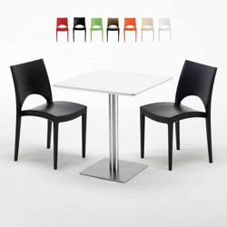 Grand Soleil - Tavolino Quadrato Bianco 70x70 cm con Base in Acciaio e 2 Sedie Colorate Paris Strawberry | Nero en oferta