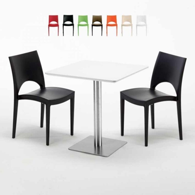 Grand Soleil - Tavolino Quadrato Bianco 70x70 cm con Base in Acciaio e 2 Sedie Colorate Paris Strawberry | Nero