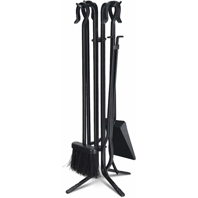 Costway - Set di 5 Strumenti per Caminetti, Set Accessori per Camino in Ferro,Porta Attizzatoio Pinze Pala Scopa e Base, Nero