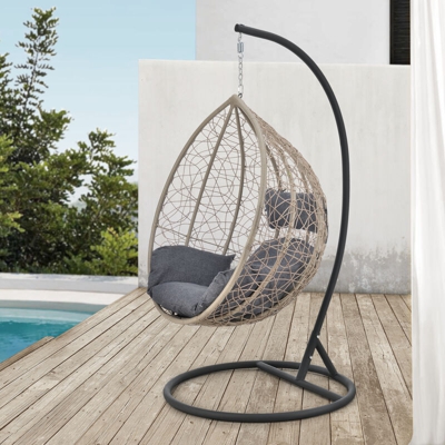 [en.casa] - Poltrona Sospesa in Polyrattan con Struttura di Supporto in Acciaio - Altezza Completa 195 cm, Supporto Fino a 150 kg - Sedia a Dondolo