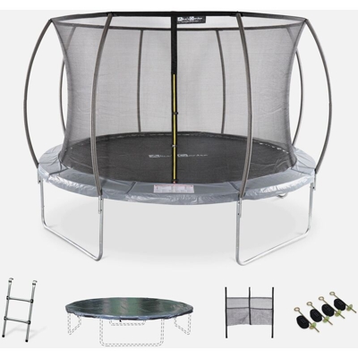 Trampolino rotondo Ø 370cm grigio - Saturne Inner XXL – trampolino da giardino con rete di protezione interna, scaletta, telo, rete di stoccaggio