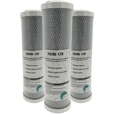 Lotto di 3 cartucce di carbone attivate - sedimenti 5 micron per porta filtro da 10 pollici