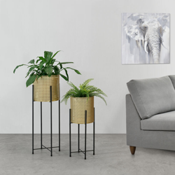 Set di 2 Portavasi in Metallo Nero Supporto di Design per Piante in 2 Altezze Diverse con Coprivaso in Color Oro características