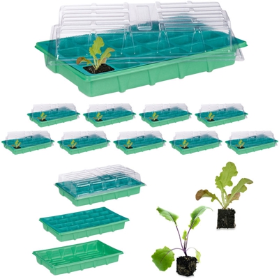 Set da 10 Mini Serre per 24 Piante, con Coperchio, Semenzaio, Davanzale, Balcone, Germinatore 38 x 24,5 cm, Verde