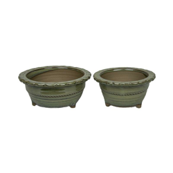 Vasi per bonsai Giapponesi Morrisan rotondi in gres smaltato verde (Set da n.2 pezzi) - B04-15 en oferta