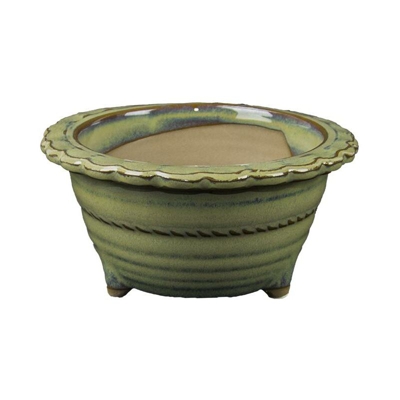 Vaso per bonsai Giapponese Morrisan rotondo in gres smaltato verde 12,5x12,5x6 cm - B04-15a