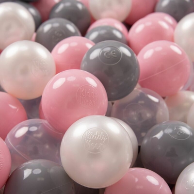 KiddyMoon 100 ? 7CM Palline Morbide Colorate Per Piscina Bambini Fatto In EU, Perla/Grigio/Trasparente/Rosa Chiaro - perla/grigio/trasparente/rosa