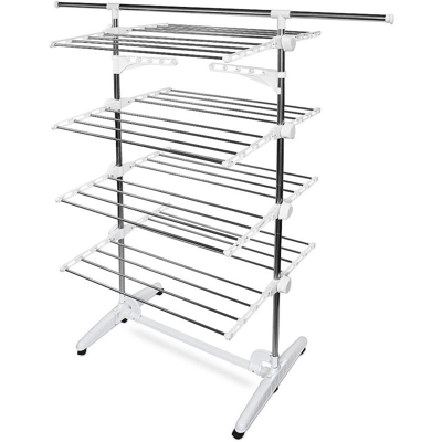 Todeco - Stendibiancheria, Stendino Per Biancheria, 4 ripiani, Bianco, con ali e barra nella parte superiore estesa, Materiale: Tubi in acciaio
