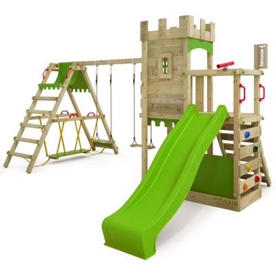 FATMOOSE Parco giochi in legno BoldBaron Giochi da giardino con altalena SurfSwing e scivolo mela verde Casetta da gioco per l'arrampicata con