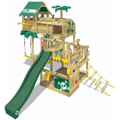 WICKEY Parco giochi in legno Smart Castaway Giochi da giardino con altalena e scivolo verde Casetta da gioco per l'arrampicata con sabbiera e scala