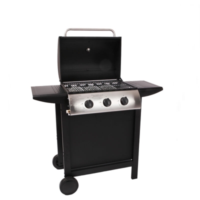 LOFOTEN - Barbecue a gas da esterno 3 fuochi da 8,4 kW su ruote con coperchio, 2 griglie in acciaio cromato, 2 ripiani laterali, 1 vassoio basso e