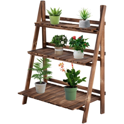 Outsunny Scaffale Portapiante Pieghevole Portavasi in Legno di Abete con 3 Livelli da Esterno 80x37x93cm