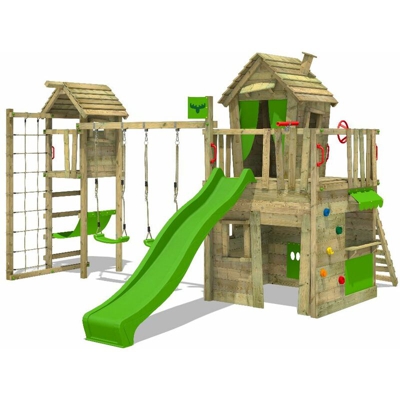 FATMOOSE Parco giochi in legno CrazyCat Giochi da giardino con altalena TowerSwing e scivolo mela verde Casetta da gioco per l'arrampicata con scala