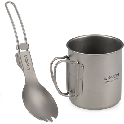 Lixada 300ml esterno bicchiere pieghevole portatile di titanio titanio pieghevole forchetta cucchiaio +
