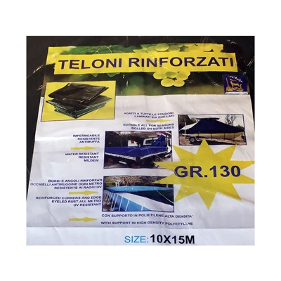 Telo Occhiellato Rinforzato Metri 10 x 15. Impermeabile e Antimuffa. Gr 130 per Metro Quadrato