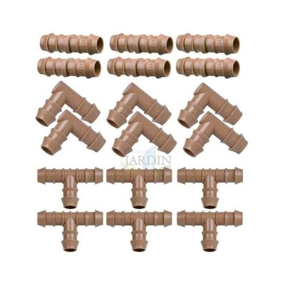 Pacchetto irrigazione a goccia 16mm: 6 tee + 6 gomiti + 6 link. colore marrone