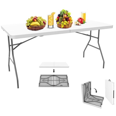 Tavolo Trasportabile, Tavolo Portatile Pieghevole, 152 x 71.5 cm, Bianco, Pieghevole a metà, Materiale: HDPE