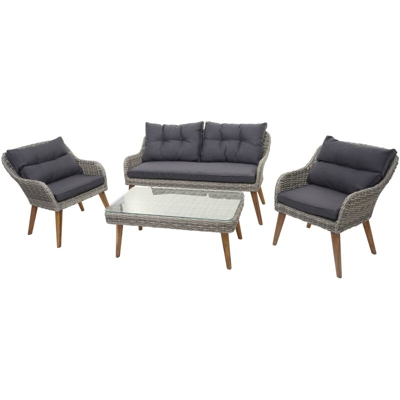 Salottino da esterno HWC-H64 polyrattan legno di acacia spun poly cuscini grigio scuro